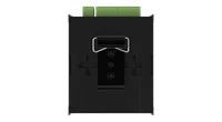 The underside of the OCTO flat on, the sprung metal DIN rail clip screwed across its centre between the two cross shaped recesses, with green terminal blocks along the top edge.