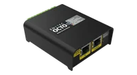 The OCTO from above at an angle, its lid printed 'ENTTEC OCTO, MADE IN AUSTRALIA' beside the grey LED legend, with the yellow ETHERNET 10/100 IN and THROUGH RJ45 sockets and the RESET / IDENTIFY button on the near face and green screw terminals along the far edge.