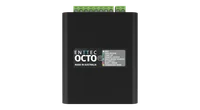 The underside of the OCTO, showing two cross shaped mounting recesses, two small screw holes and a recessed rectangular panel, with green screw terminal blocks projecting along the top edge.