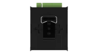 The back of the OCTO MK3 at an angle with the metal DIN rail clip screwed to its centre, and the yellow Ethernet face with its IN and THROUGH sockets and RESET / IDENTIFY button below.