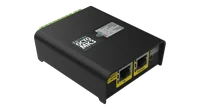 The OCTO MK3 from above at an angle, its lid printed 'ENTTEC OCTO MK3' beside the grey LED legend, the yellow ETHERNET 10/100 IN and THROUGH sockets and RESET / IDENTIFY button on the near face and green terminals along the far edge.