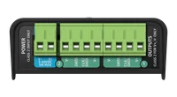 The terminal end of the OCTO MK3 head on, with a blue marked POWER input (V-, V+, 5-60VDC, 5W MAX) and two green output blocks labelled V-, DATA, CLK/DATA and V+ for ports 2 and 1 under the OUTPUTS marking.
