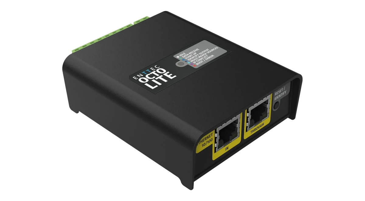 ENTTEC OCTO LITE angled view of the Ethernet ports