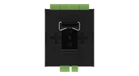 The underside of the black DIN RDS4 enclosure, the metal DIN rail clip screwed to a plate across the centre, two cross-shaped mounting recesses either side and green plug-in terminals showing along the top and bottom edges.