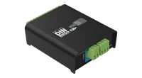 The DIN RDS4 seen from above its power end, the lid printed with ENTTEC DIN RDS4 and the DMX/RDM arrow, and the near face carrying a blue POWER block marked 7-24V DC beside two green plug-in terminals, with the output terminals along the far edge.