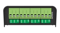 The output end of the black DIN RDS4 with no clip fitted, showing the four green three-way screw terminals labelled DATA+, DATA- and GND and the word OUTPUTS along the right-hand side.