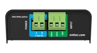 The power end of the black DIN RDS4 with no clip fitted, the green POWER terminal over its blue 7-24V DC panel and the green three-way INPUT terminal marked DATA+, DATA- and GND, with DMX/RDM splitter and enttec.com printed alongside.