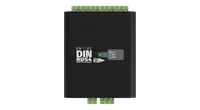 The DIN RDS4 seen from directly above, the lid printed with the ENTTEC DIN RDS4 name, MADE IN AUSTRALIA, a DMX and RDM arrow mark, a round push button and a legend reading W IDLE, G DMX, B RDM, with four green screw terminals along the top edge and two along the bottom.