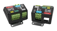 Two PLink Injectors side by side, one turned to show its GND, VCC and DATA output terminals and the other its POWER IN terminal and PLink IN RJ45 port.