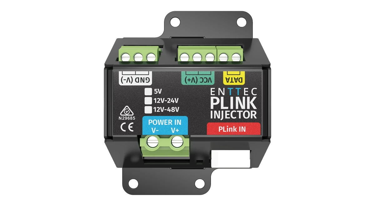 The PLink Injector from directly above: GND (V-), VCC (V+) and DATA output terminals along the top, the 5V, 12V-24V and 12V-48V tick boxes beside the ENTTEC PLINK INJECTOR logo, and the POWER IN terminal and PLink IN port along the bottom, on a screw-fixing bracket.