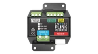 The PLink Injector from directly above: GND (V-), VCC (V+) and DATA output terminals along the top, the 5V, 12V-24V and 12V-48V tick boxes beside the ENTTEC PLINK INJECTOR logo, and the POWER IN terminal and PLink IN port along the bottom, on a screw-fixing bracket.