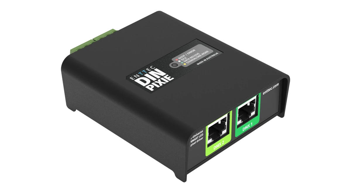 ENTTEC DIN PIXIE angled view showing the DMX 1 and DMX 2 inputs and the status LED legend on its lid
