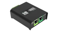 ENTTEC DIN PIXIE angled view showing the DMX 1 and DMX 2 inputs and the status LED legend on its lid
