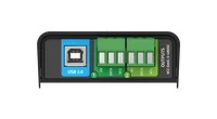 ENTTEC DIN PIXIE USB 2.0 Type-B port and two 3-pin pixel outputs labelled 0V, DATA and VCC, VCC limit 5-48VDC