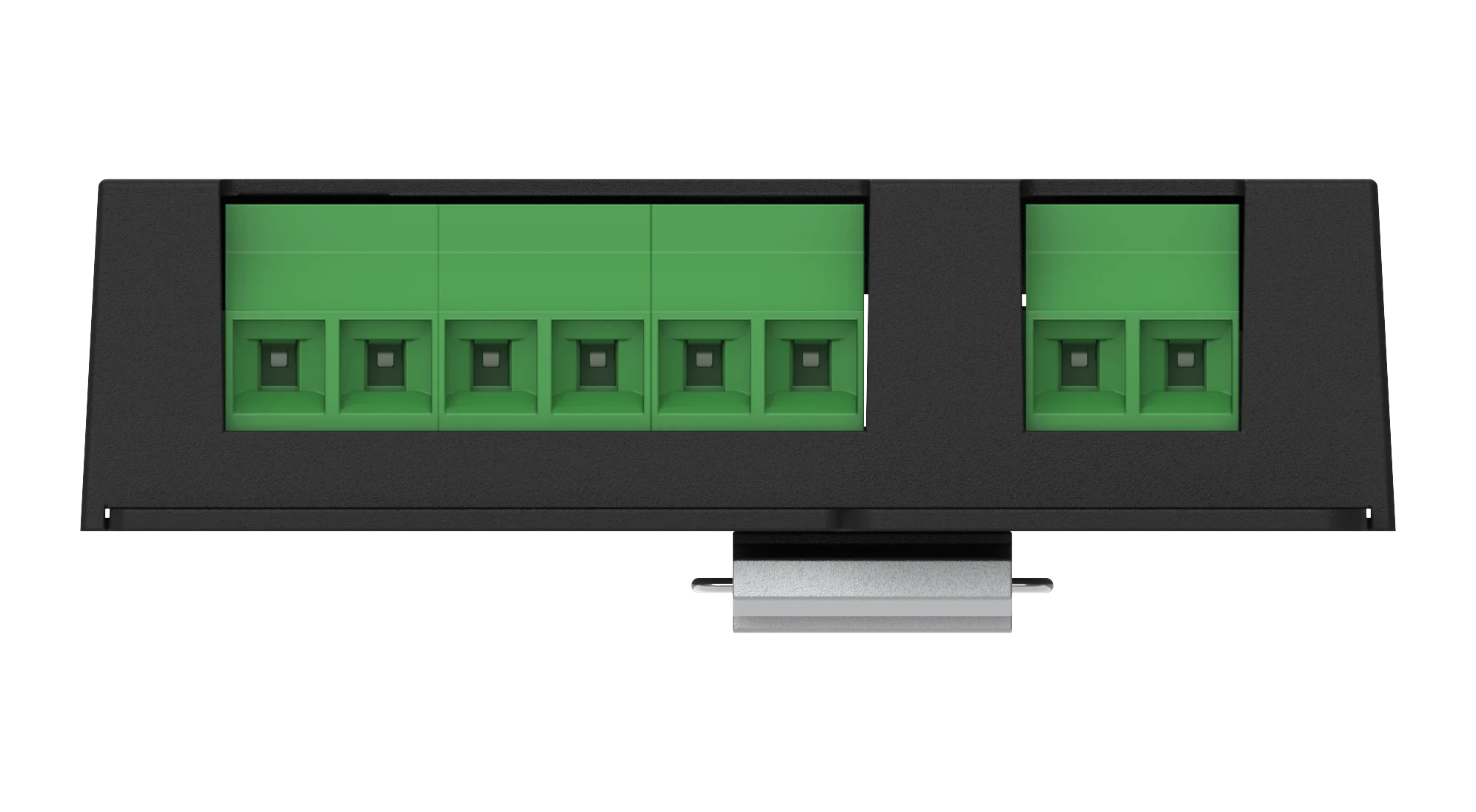The rear edge of the black CVC4 enclosure straight on, showing a six-way green screw terminal block and a separate two-way green terminal, with the metal DIN rail clip below the centre.