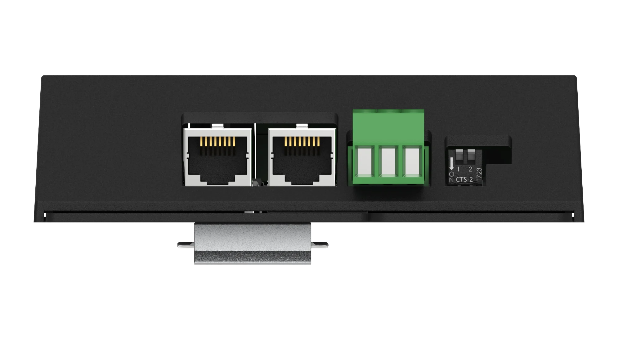 The front edge of the black CVC4 enclosure straight on, carrying two RJ45 sockets, a three-way green screw terminal and a two-position DIP switch block marked CTS-2, with the metal DIN rail clip below.