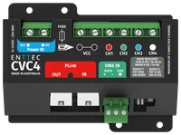 The CVC4 seen from directly above, its lid printed with a blue Power IN block, a red PLink OUT and IN block, a green DMX IN block, the CH1 to CH4 indicator dots and a mode indicator table, with green screw terminals along the top edge.