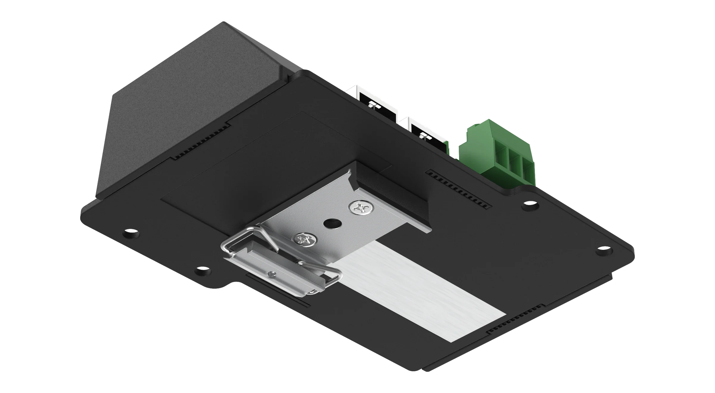 The CVC4 tilted to show its underside with the sprung metal DIN rail clip screwed on, beside the silver label panel, with the two RJ45 sockets and green terminal along the far edge.