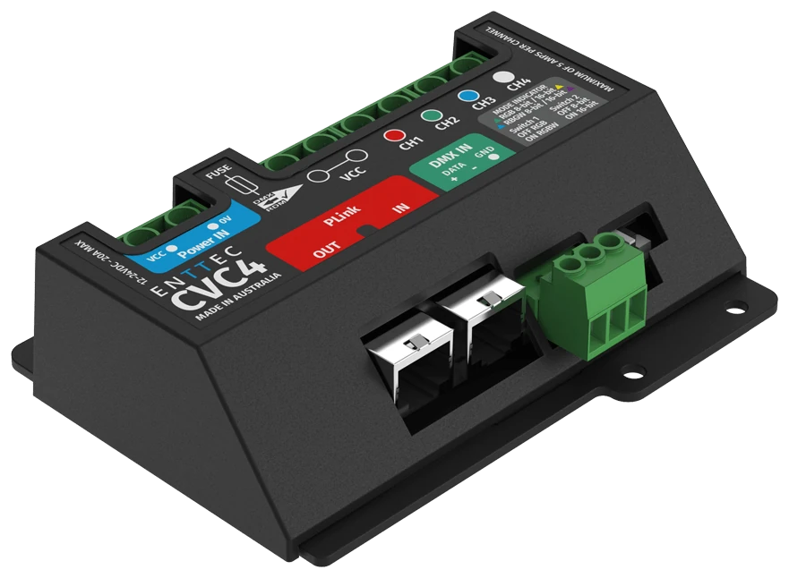 The CVC4 at an angle, showing the printed lid with ENTTEC CVC4 and Made in Australia, the blue Power IN, red PLink and green DMX IN blocks, green screw terminals along the back and the two RJ45 sockets and green terminal on the front face.