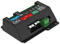 The CVC4 at an angle, showing the printed lid with ENTTEC CVC4 and Made in Australia, the blue Power IN, red PLink and green DMX IN blocks, green screw terminals along the back and the two RJ45 sockets and green terminal on the front face.