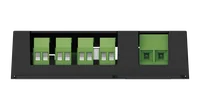 Straight-on view of the opposite long face, with four green two-way screw terminals set in a recess and a fifth green terminal beside them.