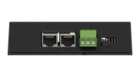 Straight-on view of one long face of the black enclosure, carrying two RJ45 sockets, a green three-way screw terminal and a small black switch block.