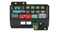 The CCC4 seen from directly above, its printed face reading Power IN, PLink OUT and IN, DMX IN and CH1 to CH4, with a mode indicator key at the right and green screw terminals along the top edge.