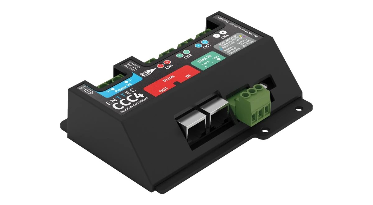 Angled view from above and the right, showing the printed face, the two RJ45 sockets and the green three-way terminal.