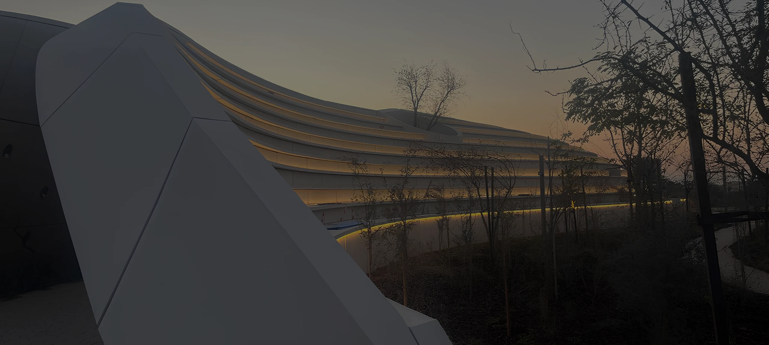 Ghaf Woods at sunset, a warm ribbon of light tracing the curved edge of a white canopy roof above young trees