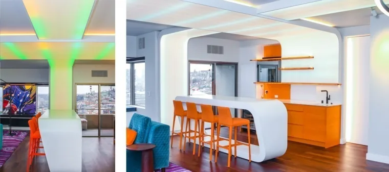 Two panels side by side, a green washed hallway column on the left and the orange kitchen bar on the right