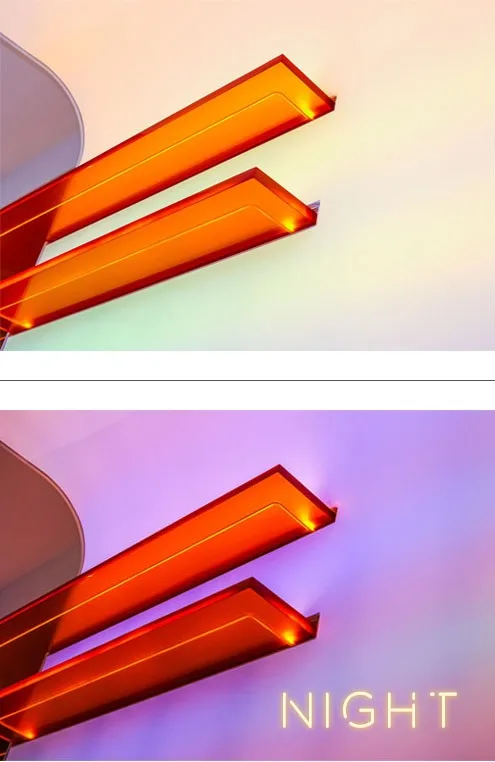 Two views of an angular orange wall light, softly lit by day above and glowing against violet by night below