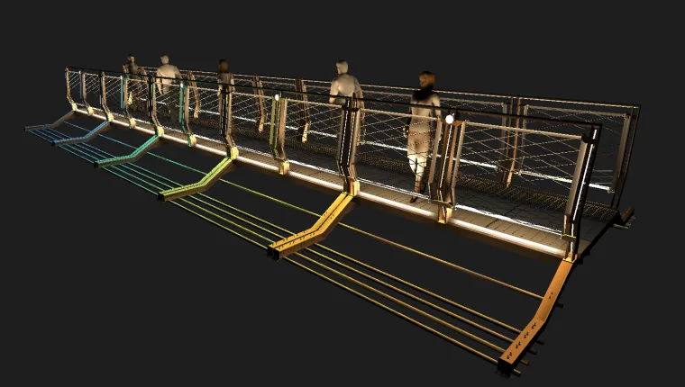 Concept render of the walkway at night, walkers between glass balustrades under a blue to orange gradient running along the deck edge