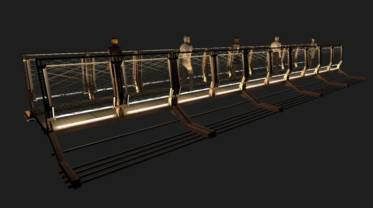 The same concept from further back and to one side, warm white light under the handrail, figures spread along the span