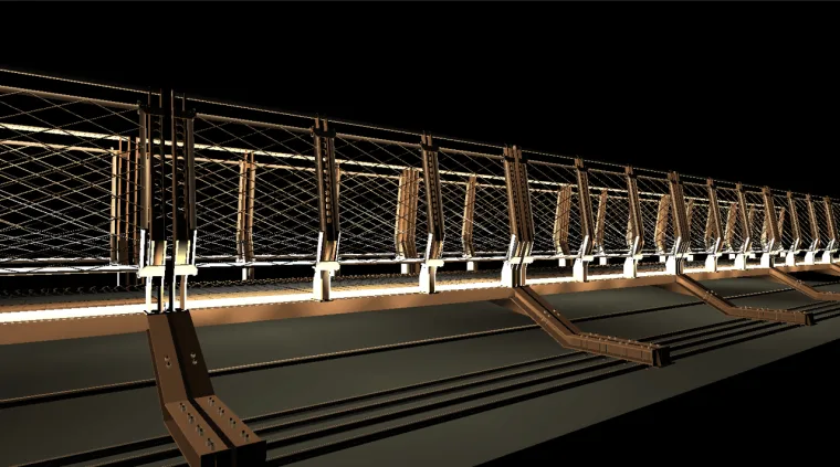 Low oblique render of the deck, unbroken white lines of light beneath the handrail and along the walking surface