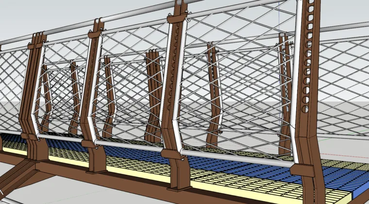 Pale daytime CAD render of the railing structure, blue and yellow strips set into the deck edge between the uprights