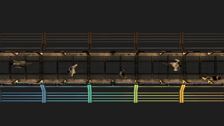 Side elevation render with figures crossing, a purple, teal and yellow band running the length of the deck edge