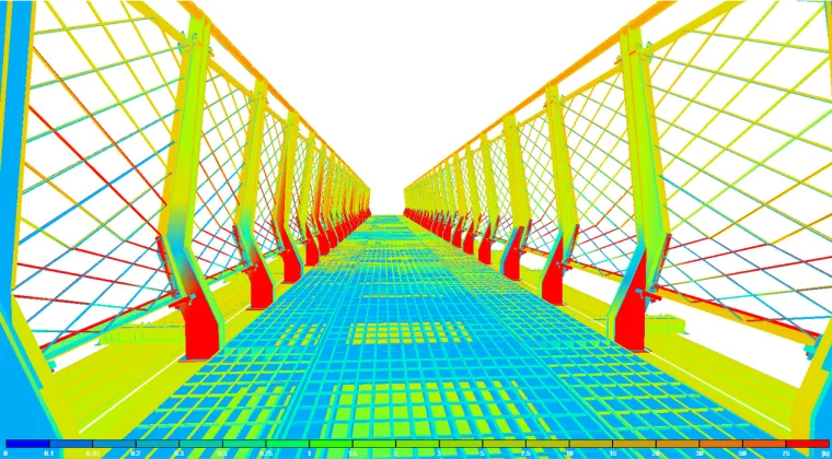 False colour simulation looking down the bridge, the mesh and deck mapped in red, yellow, green and cyan
