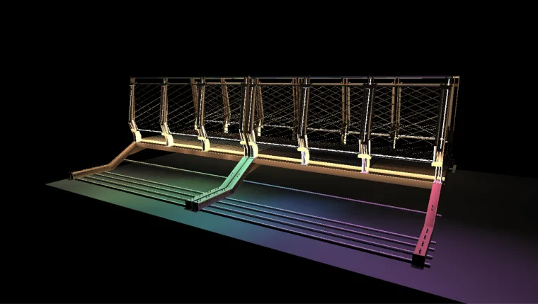 Render of one bridge section on black, warm handrail light with teal and pink spill pooling on the surface below