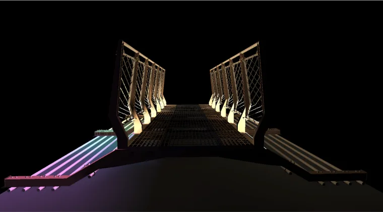 Render of the bridge entrance seen head on, magenta, blue and teal gradients running away down both deck edges