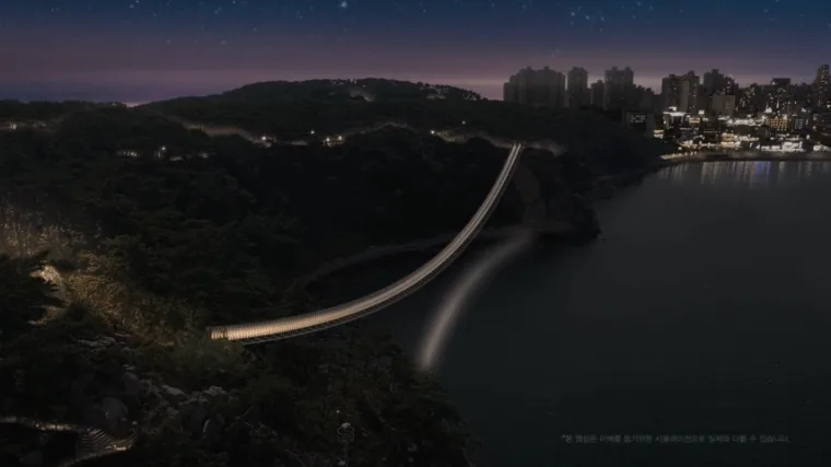 The finished span seen from the hillside at night, a thin white arc crossing the dark inlet with city lights on the far shore