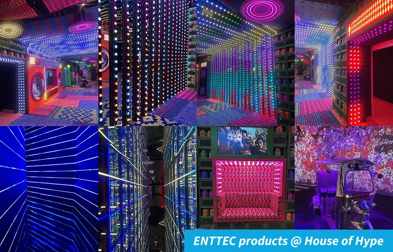 Montage of nine photographs from around the attraction, showing the neon passages, dot walls and mirror rooms together