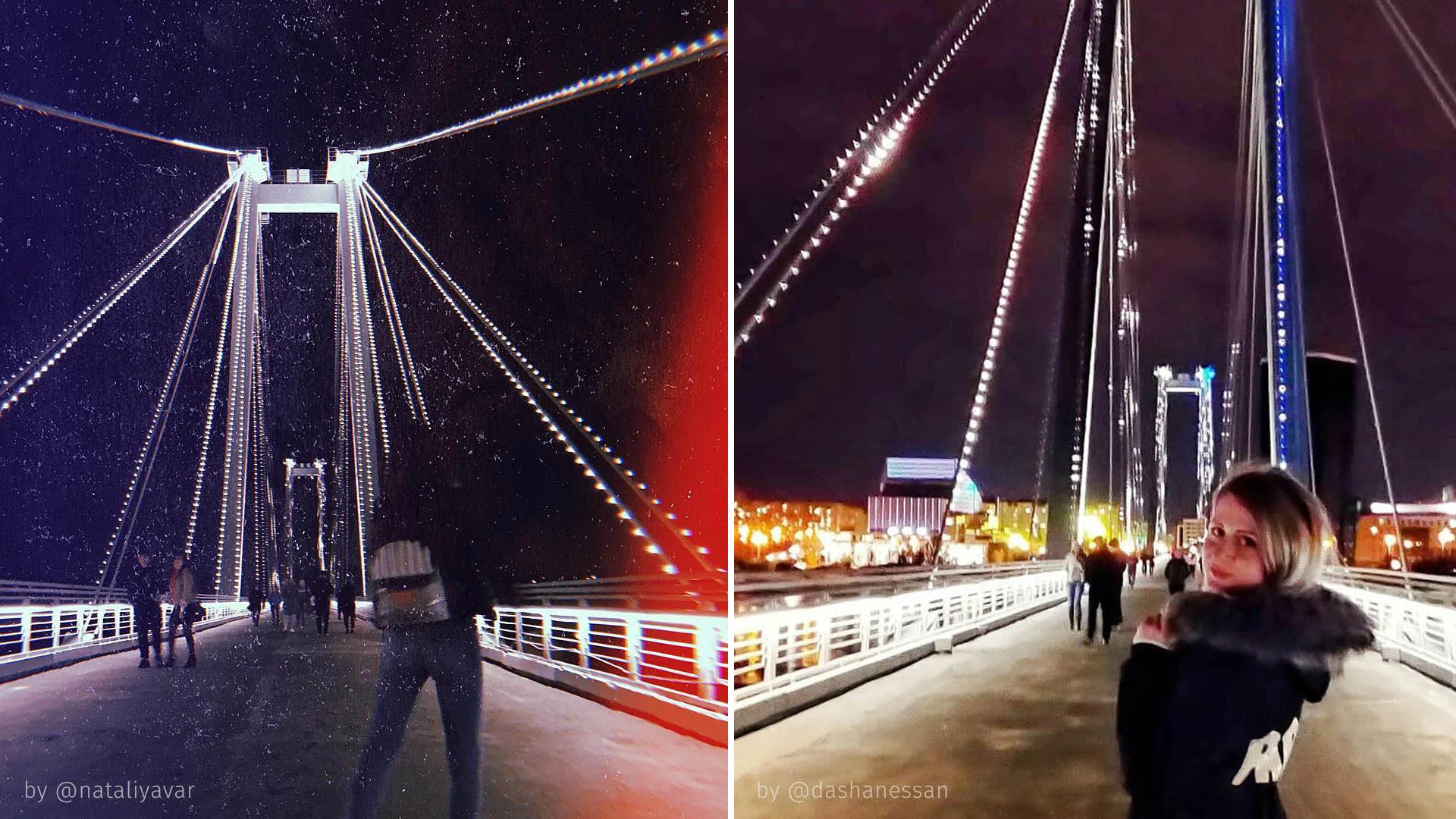 Two night shots of people on the snowy bridge deck, white lit cables overhead and a woman in a fur-trimmed coat posing