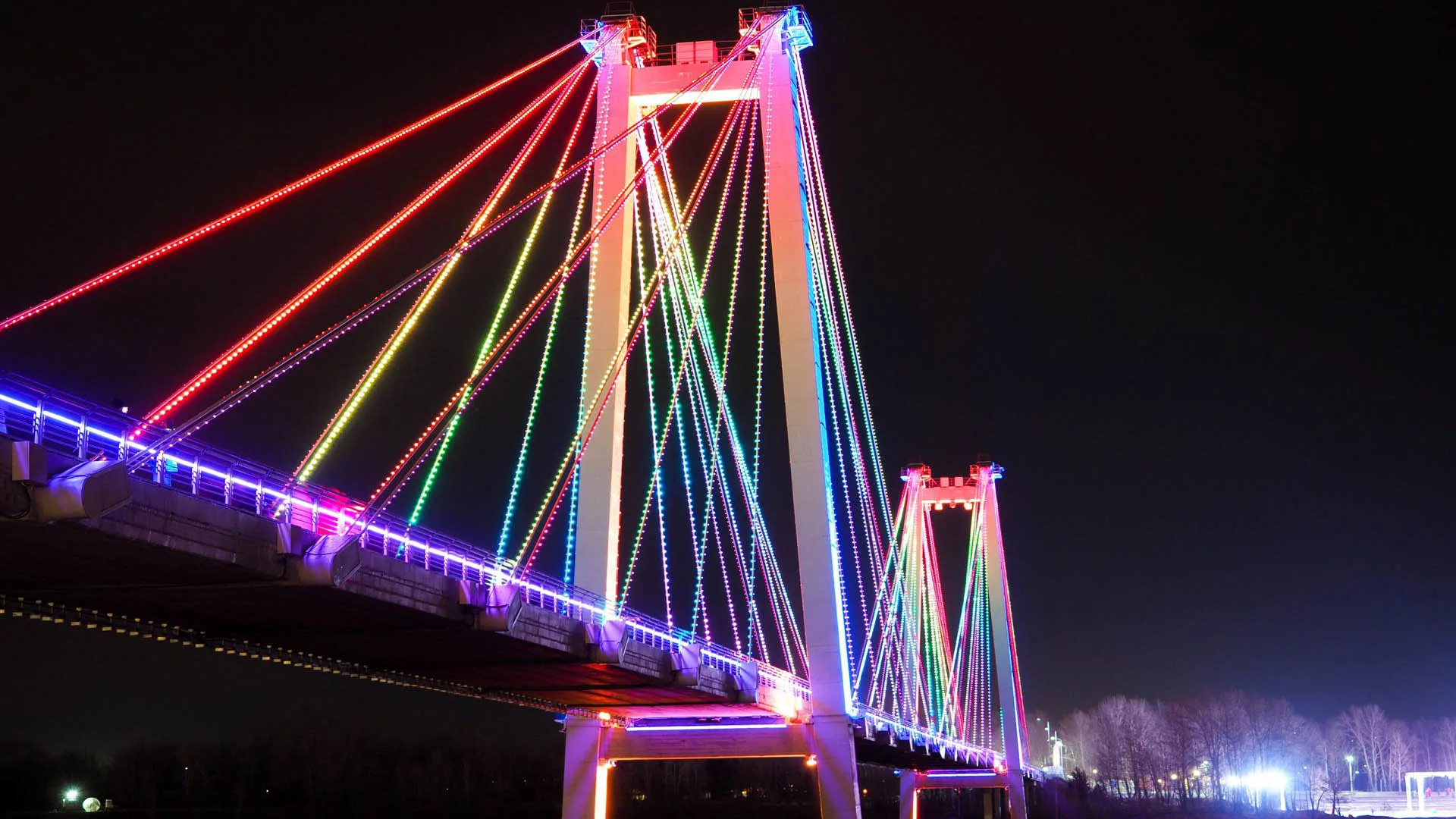 Close side view with the cables in rainbow bands of red, pink, blue and green, the deck edge running purple
