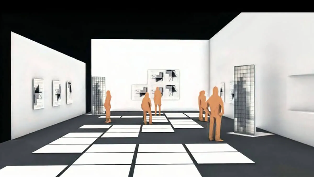 Design render of the exhibition, orange figures walking between white walls with the light sculptures casting bright grids across the floor