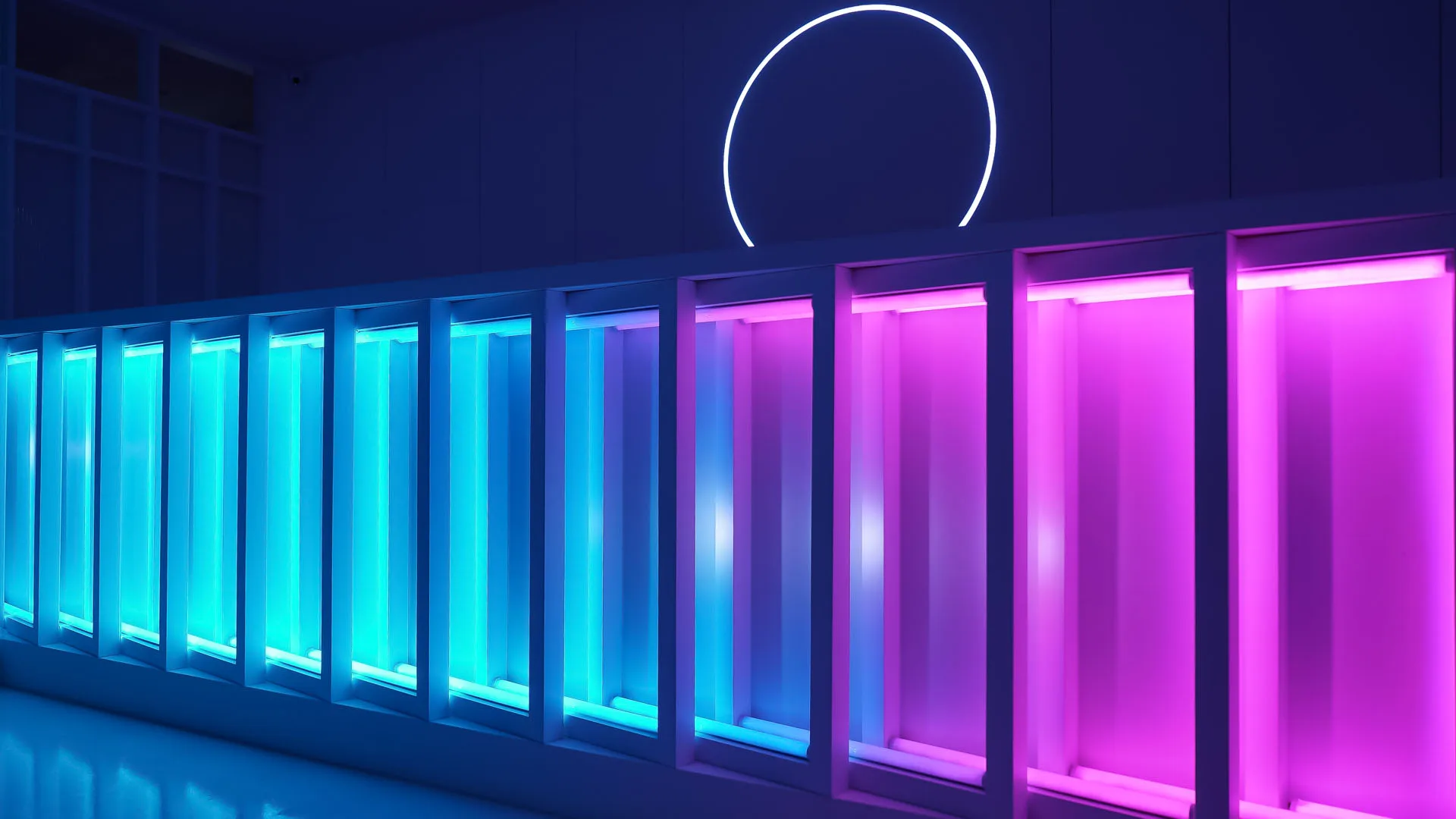 The same run of panels from the other side, cyan on the left carrying through to magenta on the right