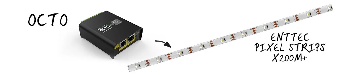 Diagram of the pixel run, an ENTTEC OCTO driver feeding more than 200 metres of ENTTEC pixel strip