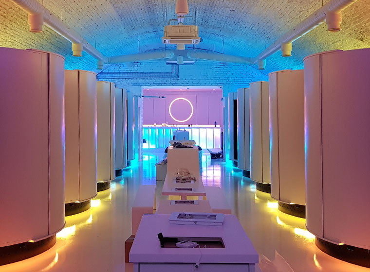 Otherworld VR arcade with colour-changing LED-lit pods controlled by ENTTEC OCTO