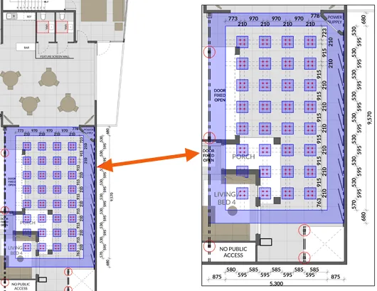 Diagram of the ceiling layout, the pod grid marked in purple over the display home floorplan