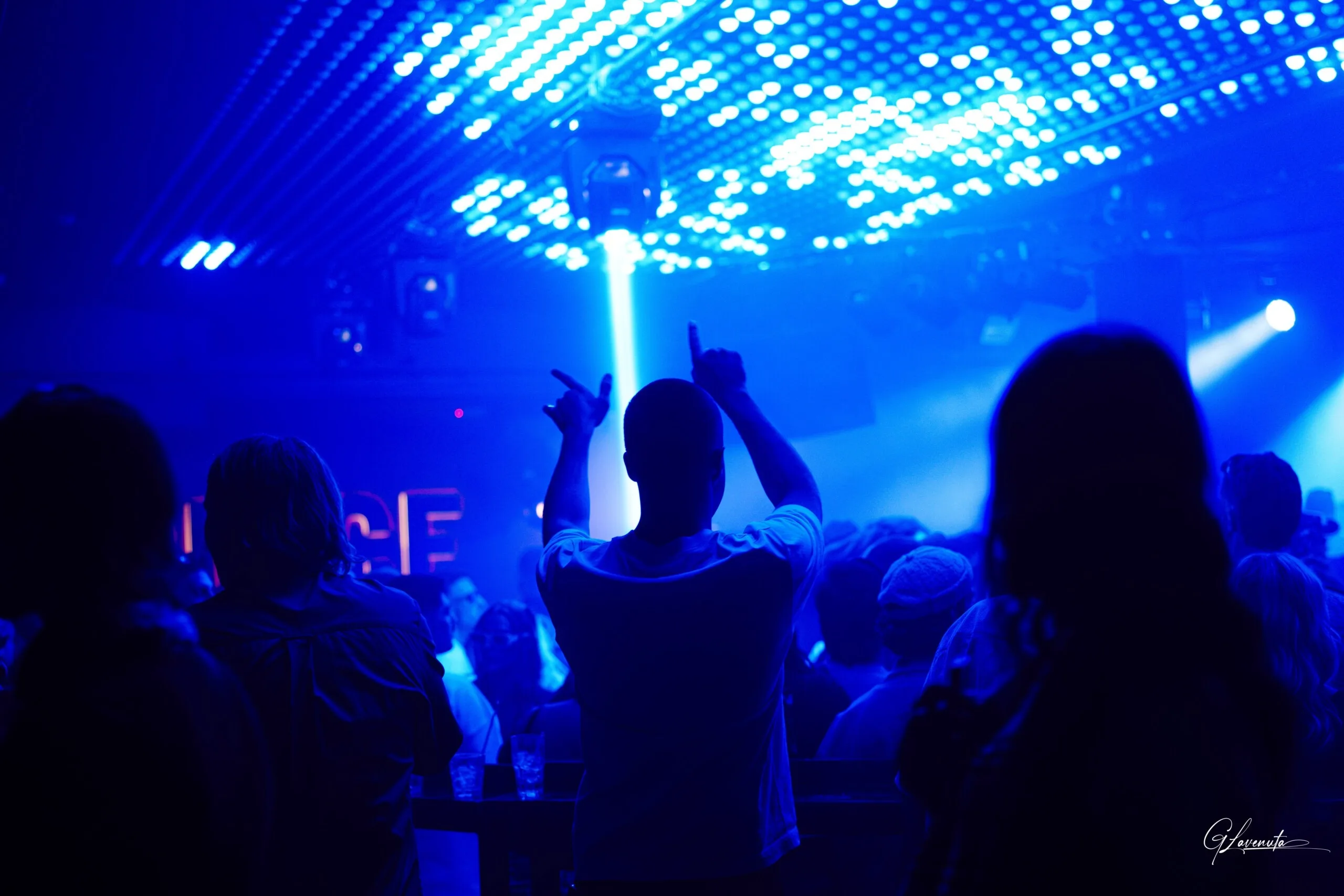 The ceiling grid and beams in deep blue, silhouetted fans with their arms up near the stage