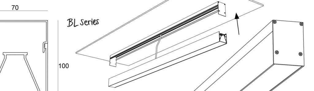 Line drawing of a BL series luminaire, a 70 by 100 section beside a perspective of the extrusion sliding into its mounting channel